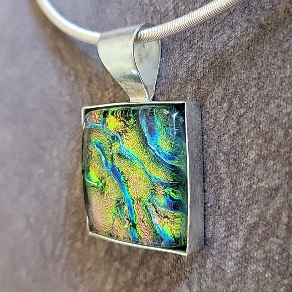 Artisan Sterling Silver Dichroic Glass Pendant Omega Snake Chain Necklace - Picture 9 of 9